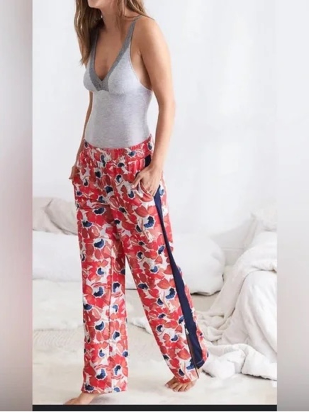 Women's‎ Red Floral Track Pants with Navy Side Stripe